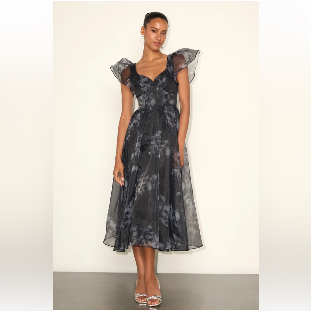 Lulus Black Floral Ruffled A-line Midi Dress